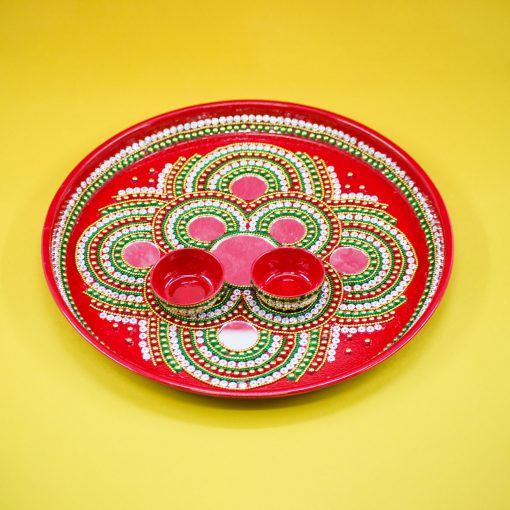 Beautiful Kundan Fancy Pooja Plate ,metal Colorful Pooja Aarti Thali Set. - Image 4