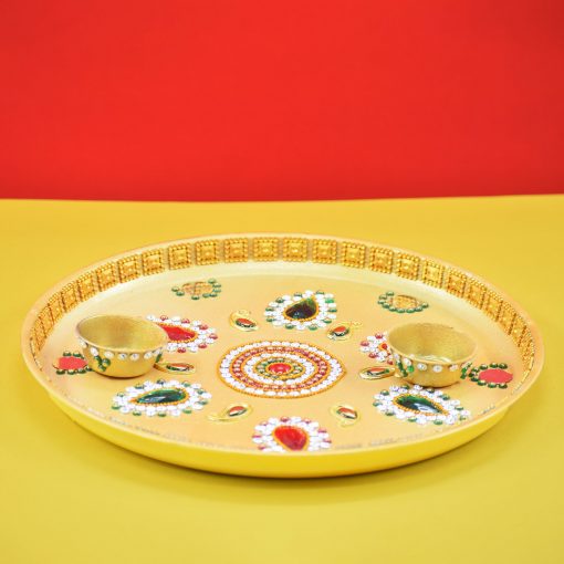 Beautiful Kundan Fancy Pooja Plate, Metal Colorful Pooja Thali Set.