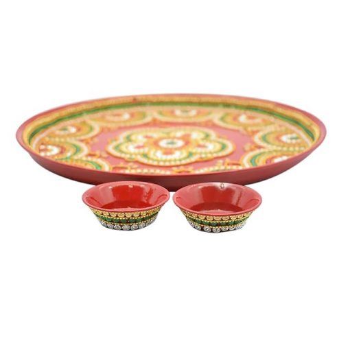 Beautiful Kundan Fancy Pooja Plate , Metal Colorful Pooja Aarti Thali Set. - Image 3