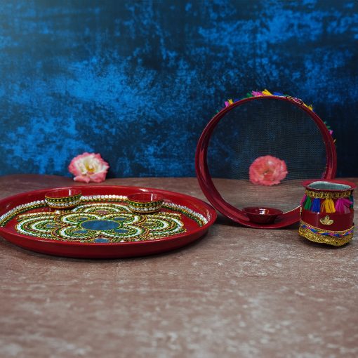 Karwa Chauth Pooja thali/Kalash, Chalni for Chand Pooja , Kalash, Diya, and Bowls | Trafitional Pooja Thali. - Image 4