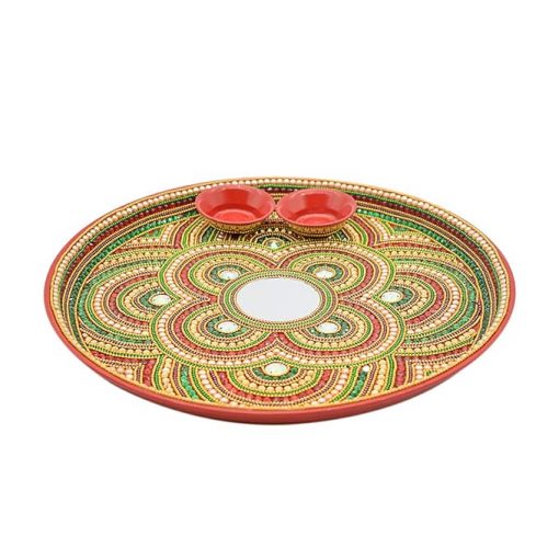 Beautiful Kundan Fancy Pooja Plate ,metal Colorful Pooja Aarti Thali Set. - Image 5