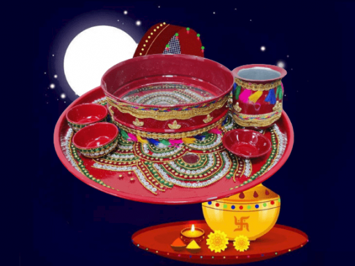 Karwa Chauth Pooja thali/Kalash, Chalni for Chand Pooja , Kalash, Diya, and Bowls | Trafitional Pooja Thali. - Image 2