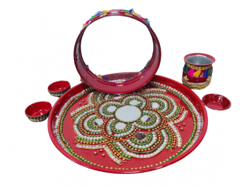 Karwa Chauth Pooja thali/Kalash, Chalni for Chand Pooja , Kalash, Diya, and Bowls | Trafitional Pooja Thali. - Image 3