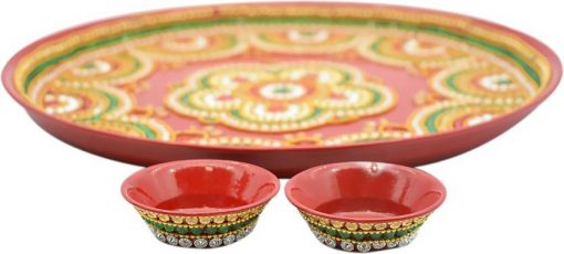 Beautiful Kundan Fancy Pooja Plate, Metal Colorful Pooja Thali Set.