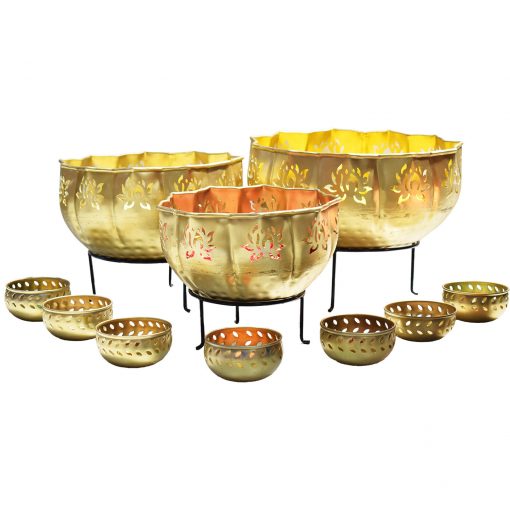 Urli with Stand Pot for Floating Flower/Candle Festival Decoration Urli Bowl Diwali - Urli Bowl for Home Decoration Iron Lotus (Set of 3). - Image 2