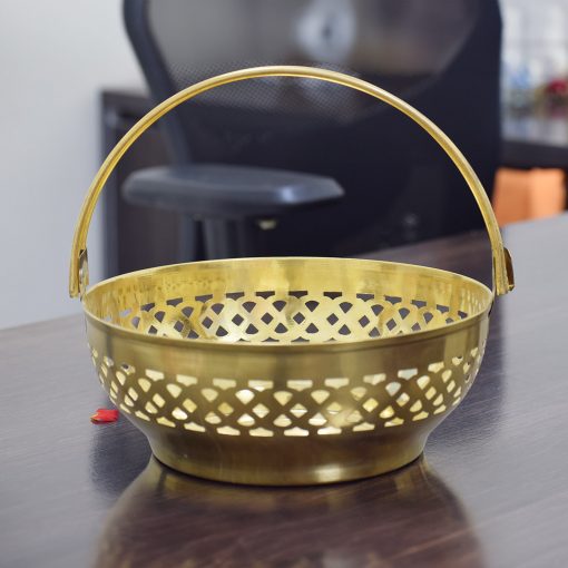 Traditional Brass Round Shape Puja Flower Basket, Temple Basket (Gold, Diameter 8 Inch)