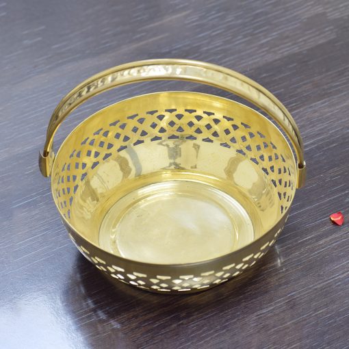 Traditional Brass Round Shape Puja Flower Basket, Temple Basket (Gold, Diameter 8 Inch) - Image 3