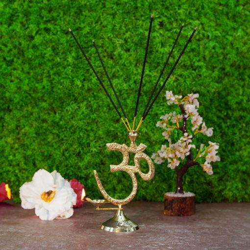 Om Symbol with Brass Diya Oil Lamp and Incense Holder,Table top Brass Diya with Agarbatti Stand. ( 17 Cm Height).