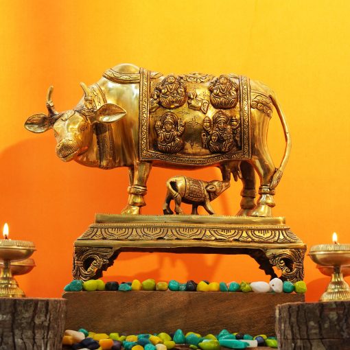 Brass Kamdhenu Cow and Calf with Astalakshmi Design Idol Statue - Home Decor/Office Decorative.