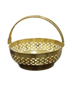 Traditional Brass Round Shape Puja Flower Basket, Temple Basket (Gold, Diameter 8 Inch)