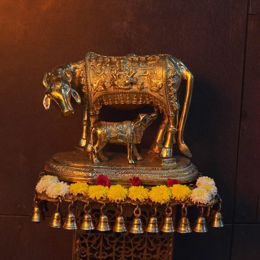 Brass Golden Kamdhenu Cow with Calf - Spiritual Vastu Nandi Puja Figurine Sculpture.