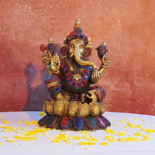 Lord Lakshmi Ganesh Brass Idol with Stone Work -Lord Lakshmi Ganesha Sitting On Lotus Flowers Idol Multicolour (13 Inch). - Image 2