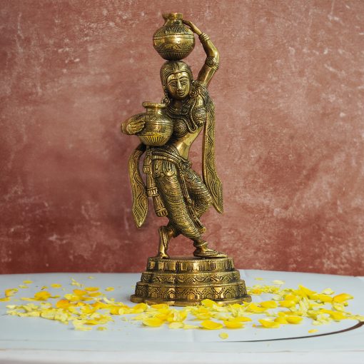 Brass Apsara Idol - Statue of Lady Carrying 2 Water pots - Decoratives and Gifting Ancient Indian Lady Sculpture