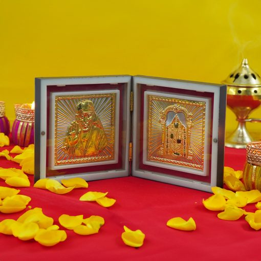 SaiBaba Tirupati Balaji Photo Frame with Shubh Labh Charan Paduka for Pooja Room, Return Pooja Gift Box Set