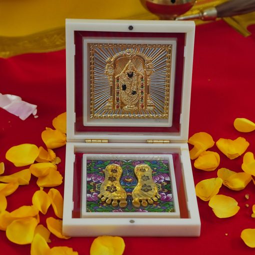 Tirupati Balaji Photo Frame with Shubh Labh Charan Paduka for Pooja Room, Return Pooja Gift Box Set - Image 3