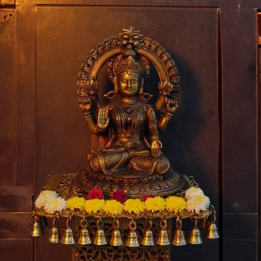 Brass Lakshmi Idol Diwali Pooja Room Home Décor Gift-Lakshmi Statue with Prabhavali sitting on lotus flower.