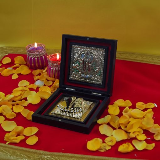 Radha Krishna with Shubh Labh Charan Paduka for Pooja Room, Return Pooja Gift Box Set - Image 3