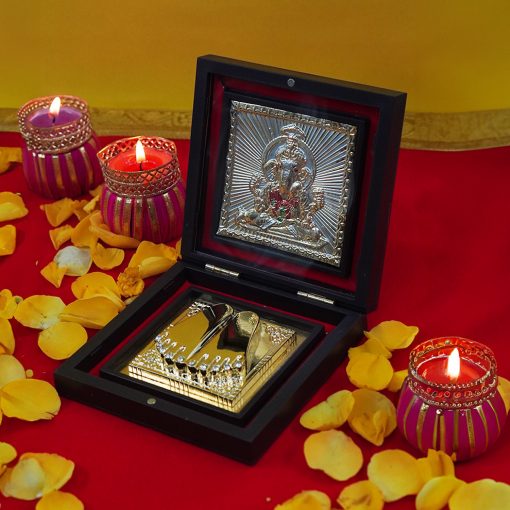 Ganesh Paduka Photo Frame with Shubh Labh Charan Paduka for Pooja Room, Return Pooja Gift Box Set - Image 3