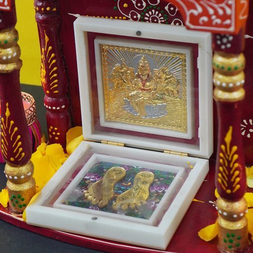 Gold Plated Lakshmi Photo Frame with Shubh Labh Charan Paduka for Pooja Room, Return Pooja Gift Box Set - Image 4