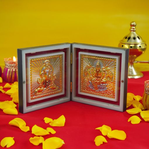 Lakshmi and Ganesh Photo Frame with Shubh Labh Charan Paduka for Pooja Room, Return Pooja Gift Box Set