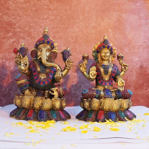 Lord Lakshmi Ganesh Brass Idol with Stone Work -Lord Lakshmi Ganesha Sitting On Lotus Flowers Idol Multicolour (13 Inch).