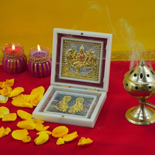 Gold Plated Lakshmi Photo Frame with Shubh Labh Charan Paduka for Pooja Room, Return Pooja Gift Box Set - Image 2