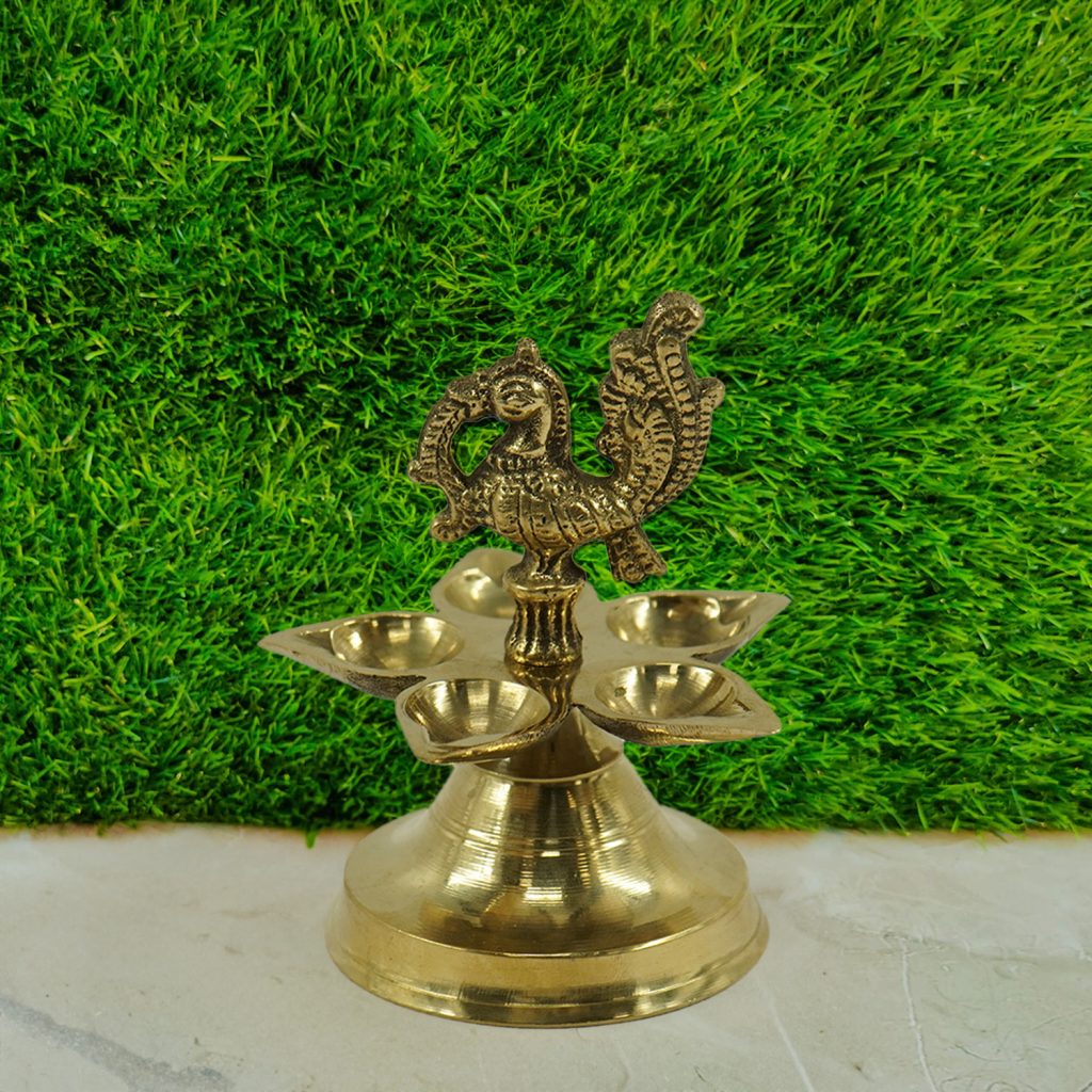 Peacock Panchmukhi Brass Diya Five Wick Puja N Pujari