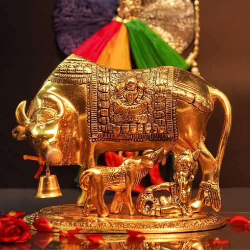 Metal Kamdhenu Cow with Calf and Krishna Figurine Decorative Showpiece (Medium size, Golden) - Image 2