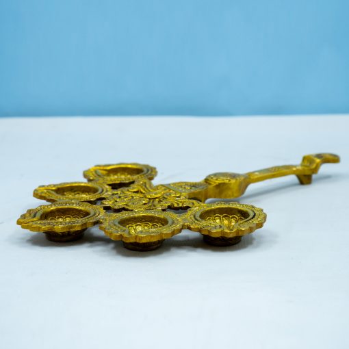 Brass Pancha Aarti Diya Wick Pooja Aarti Diya with Handle - Image 2