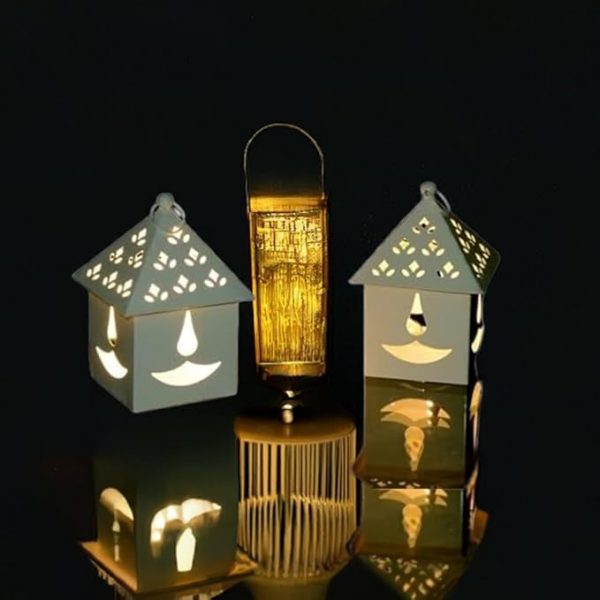 White Gloss Diya Shadow Lantern - Decorative Metal Lamp for Home Décor