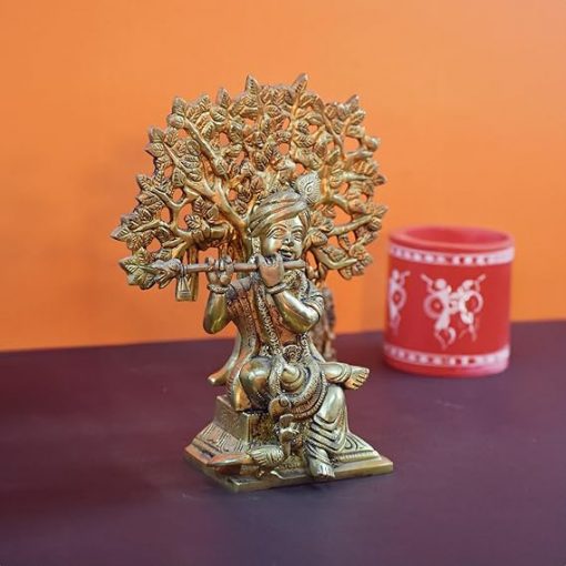 Lord Krishna Sitting Under a Tree with Peacock Brass Statue