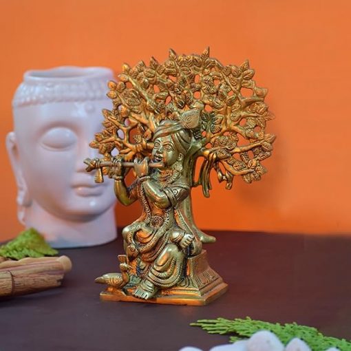 Lord Krishna Sitting Under a Tree with Peacock Brass Statue